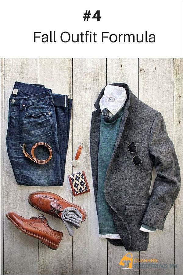 Blazer xám + áo len nhẹ + áo sơ mi trắng + quần jeans + giày brogues